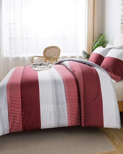 Litanika Red Comforter Set King, 3 Pieces Boy Men Women Girls Christmas Comforter Bedding Set, Burgundy White Colorblock Stripe for Winter (104x90In Comforter & 2 Pillowcases) - LeafyLoom