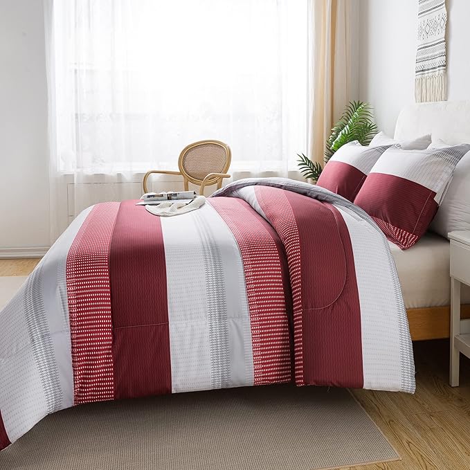 Litanika Red Comforter Set King, 3 Pieces Boy Men Women Girls Christmas Comforter Bedding Set, Burgundy White Colorblock Stripe for Winter (104x90In Comforter & 2 Pillowcases) - LeafyLoom