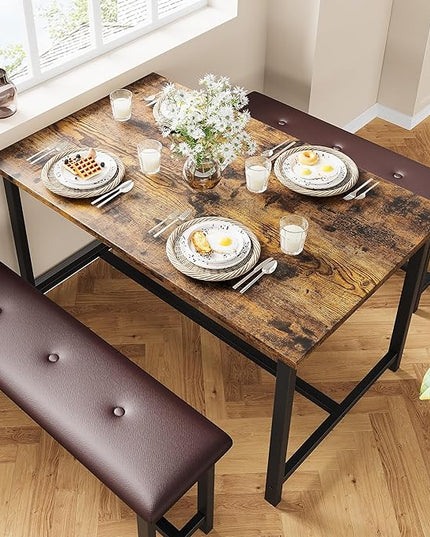 GAOMON Dining Table Set for 4, Kitchen Table with Benches, Rectangular Dining Room Table Set with 2 Upholstered Benches, 3 Piece Kitchen Table Set for Small Space, Apartment, Studio, Retro Brown - LeafyLoom
