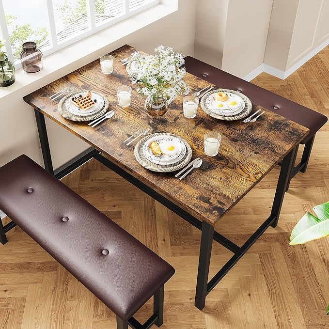 GAOMON Dining Table Set for 4, Kitchen Table with Benches, Rectangular Dining Room Table Set with 2 Upholstered Benches, 3 Piece Kitchen Table Set for Small Space, Apartment, Studio, Retro Brown - LeafyLoom