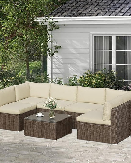 SUNVIVI OUTDOOR 7 Piece Patio Sectional Sofa Outdoor All Weather Brown PE Wicker Furniture Set, Paito Conversation Sofa Set with Glass Table, Removable Beige Cushions - LeafyLoom