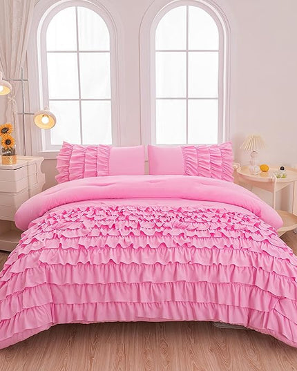 Pink Twin Comforter Set for Girls, 5 Pcs Bed in a Bag Twin for Teen Girls, Princess Bedding Set for Girls, Twin Size Comforter Sets for Girls with 1 Fitted Sheet and 1 Flat Sheet - LeafyLoom