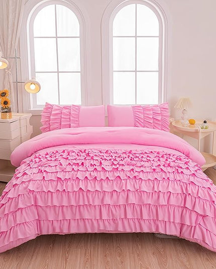 Pink Ruffle Comforter Set Twin, Girls Comforter Set Twin, Princess Comforter Set Twin, Pink Twin Bed Set for Girls, Kids Teen Girls Bedding Sets with 2 Pillowcases - LeafyLoom