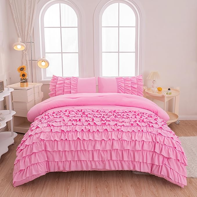 Girls Comforter Sets Full, Multi-Layers Ruffled Full Size Bedding Set for Girls, Pink Full size Comforter Set for Girls, 5 Pcs Bed in a Bag for Girls, Teen Comforter Set for Girls - LeafyLoom
