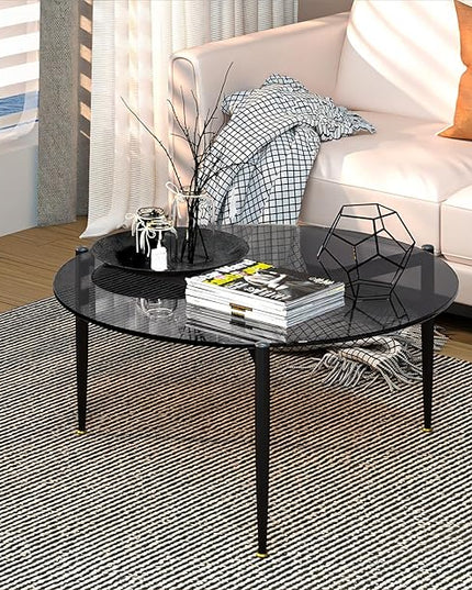 Round Tempered Glass Table: 31.5 inch Large Circle Top Storage Shelf with Metal Frame, Modern Coffee Table Center Desk Luxury Furniture for Living Room, Grey - LeafyLoom