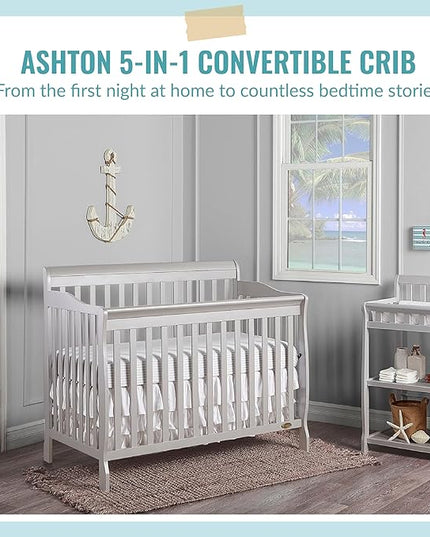 Ashton 4-In-1 Convertible Crib In Grey, Greenguard Gold, JPMA Certified, Non-Toxic Finishes, Features 4 Mattress Height Settings, Made Of Solid Pinewood - LeafyLoom