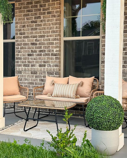 YITAHOME Patio Furniture Wicker Outdoor Bistro Set, 4-Piece All Weather Patio Furniture Rattan Conversation Loveseat Sets for Backyard, Balcony and Deck, Light Brown+Beige - LeafyLoom