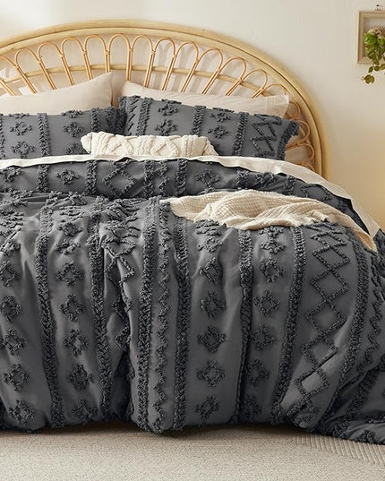 Bedsure Tufted Boho Comforter Set California King - Dark Grey Boho Bedding Comforter Set, 3 Pieces Farmhouse Shabby Chic Embroidery Bed Set, Soft Jacquard Comforter for All Seasons - LeafyLoom