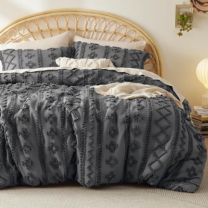 Bedsure Tufted Boho Comforter Set California King - Dark Grey Boho Bedding Comforter Set, 3 Pieces Farmhouse Shabby Chic Embroidery Bed Set, Soft Jacquard Comforter for All Seasons - LeafyLoom
