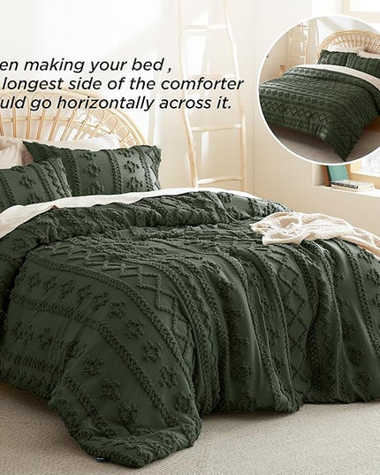 Bedsure Tufted Boho Comforter Set King - Olive Green Boho Bedding Comforter Set, 3 Pieces Farmhouse Shabby Chic Embroidery Bed Set, Soft Jacquard Comforter for All Seasons - LeafyLoom
