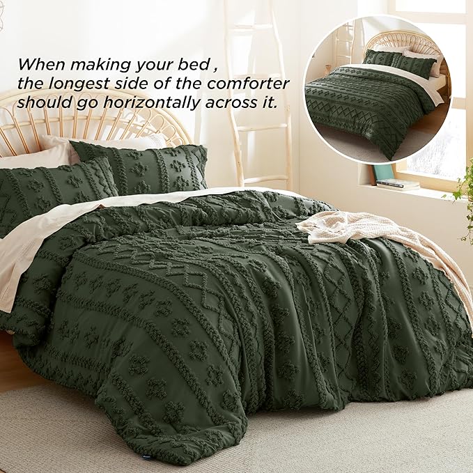 Bedsure Tufted Boho Comforter Set King - Olive Green Boho Bedding Comforter Set, 3 Pieces Farmhouse Shabby Chic Embroidery Bed Set, Soft Jacquard Comforter for All Seasons - LeafyLoom