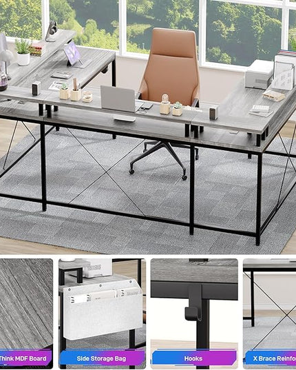 U Shaped Computer Gaming Desk, Reversible L Shaped Desk with Power Outlets, LED Strip & Monitor Stand, Large Corner Desk with Storage Shelves for Home Office, Grey Oak - LeafyLoom