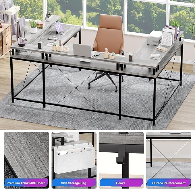 U Shaped Computer Gaming Desk, Reversible L Shaped Desk with Power Outlets, LED Strip & Monitor Stand, Large Corner Desk with Storage Shelves for Home Office, Grey Oak - LeafyLoom