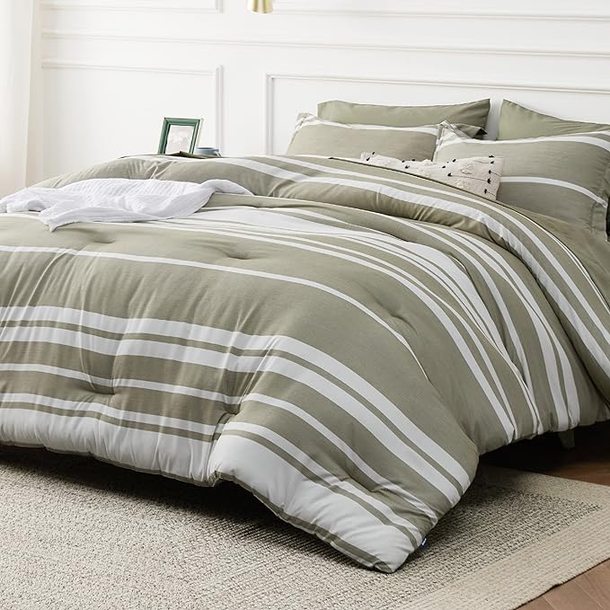 Bedsure Full Size Bedding Sets 7 Pieces, Olive Green White Striped Bedding Comforter Sets All Season Bed Set, 2 Pillow Shams, Flat Sheet, Fitted Sheet and 2 Pillowcases - LeafyLoom