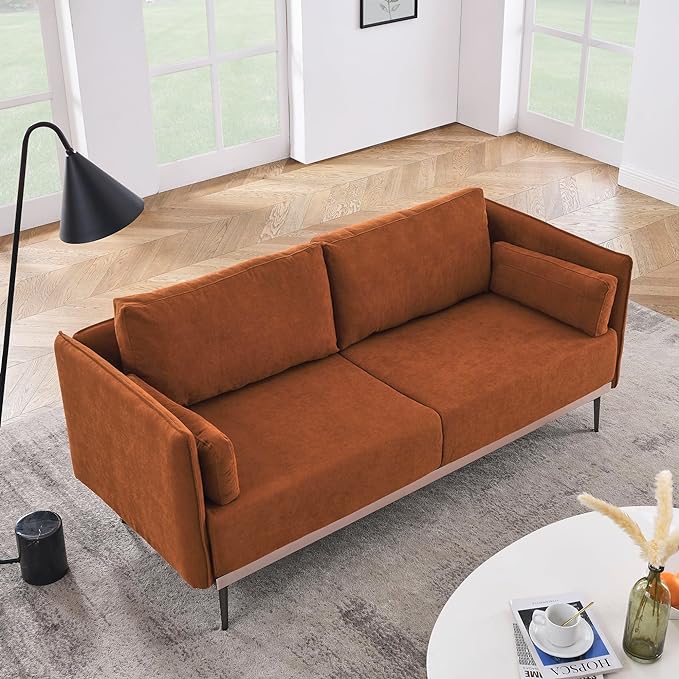 Modern Linen Upholstered 3-Seat Sofa Couch with Stainless Steel Trim and Metal Legs for Living Room, 2 Pillows Included, 72.83", Orange-119 - LeafyLoom