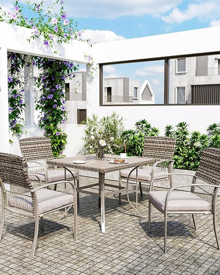 Pamapic Patio Table and Chairs Set, All-Weather Rattan Outdoor Table and Chairs with Removable Waterproof Cushions, Plastic-Wood Patio Dining Set for 4 with Umbrella Hole(Gray) - LeafyLoom