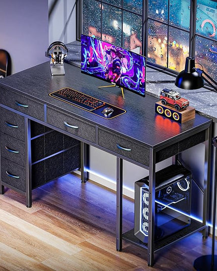 Computer Desk with 6 Drawers, 47 Inch Office Desk with Shelves, Reversible Gaming Desk, Corner Desk with Storage, Work Desk for Home Office, Study, Living Room, Black - LeafyLoom
