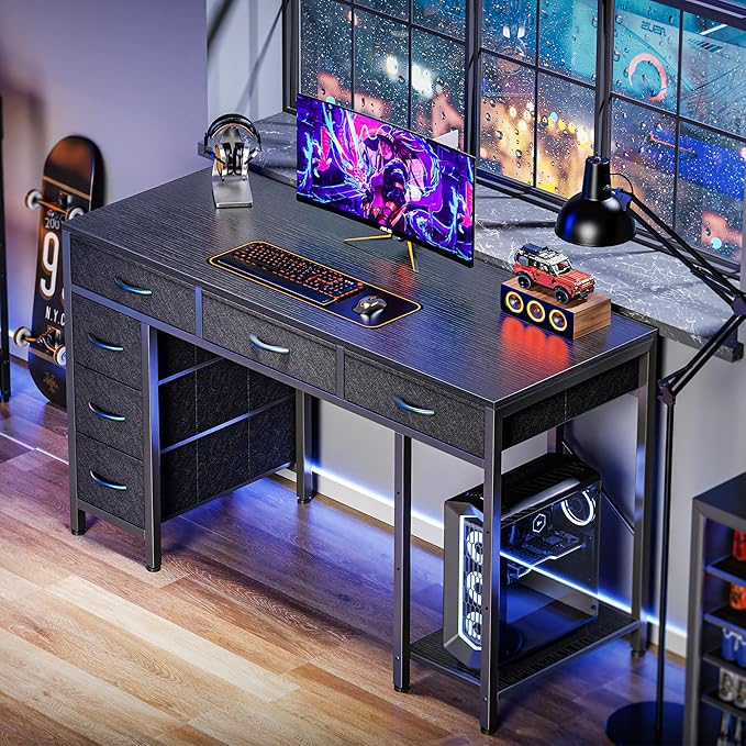 Computer Desk with 6 Drawers, 47 Inch Office Desk with Shelves, Reversible Gaming Desk, Corner Desk with Storage, Work Desk for Home Office, Study, Living Room, Black - LeafyLoom