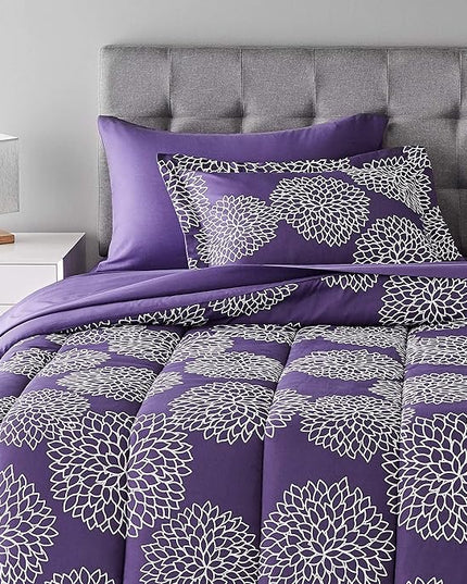 Amazon Basics Lightweight Microfiber Bed-in-a-Bag Comforter 5-Piece Bedding Set, Twin/Twin XL, Purple Floral - LeafyLoom
