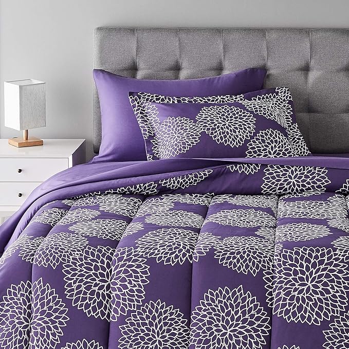 Amazon Basics Lightweight Microfiber Bed-in-a-Bag Comforter 5-Piece Bedding Set, Twin/Twin XL, Purple Floral - LeafyLoom