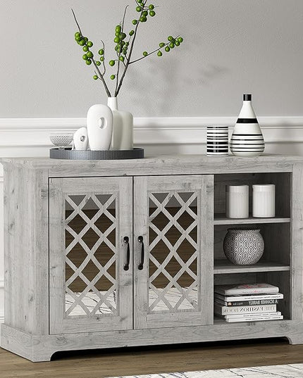 Galano Millicent 2 Door Sideboard with Shelves, Farmhouse Buffet Cabinet, Rustic Storage Cabinet, Coffee Bar for Dining Room, Kitchen, Hallway and Living Room, Mexican Grey - LeafyLoom