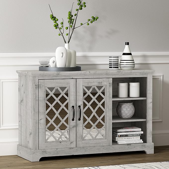 Galano Millicent 2 Door Sideboard with Shelves, Farmhouse Buffet Cabinet, Rustic Storage Cabinet, Coffee Bar for Dining Room, Kitchen, Hallway and Living Room, Mexican Grey - LeafyLoom