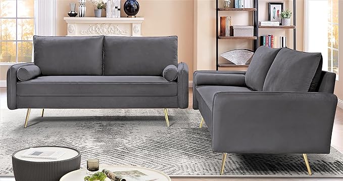Kent Modern Sofa, European Style Velvet Living Room Furniture with Tapered Legs, Vintage Flair, and Sleek Design, Grey - LeafyLoom
