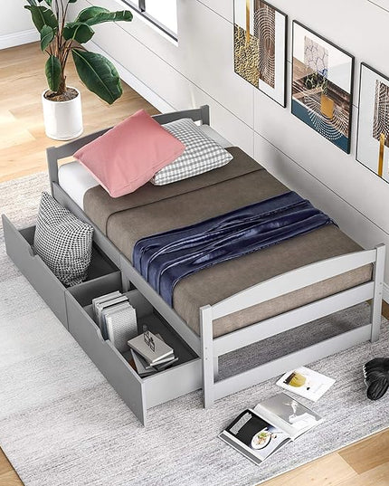 Merax Classic Solid Wood Day Bed with Storage Drawers Platform Bed for Living Room Beedroom Twin Grey - LeafyLoom