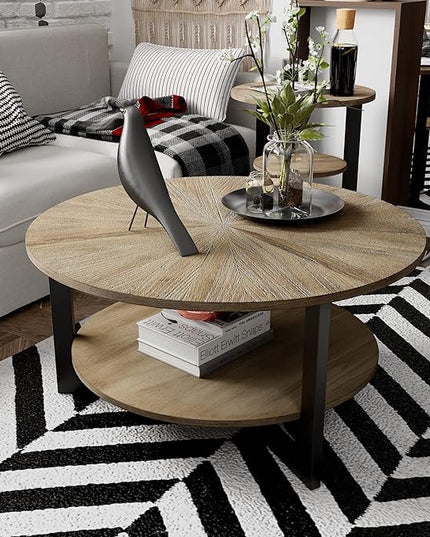 33.5" Round Coffee Table with 2-Tier Storage, Farmhouse Living Room Cocktail Table with Black Metal Leg, Solid Wood Industrial Sofa Center Table,Easy Assembly, Rustic Natural KFZ1338 - LeafyLoom