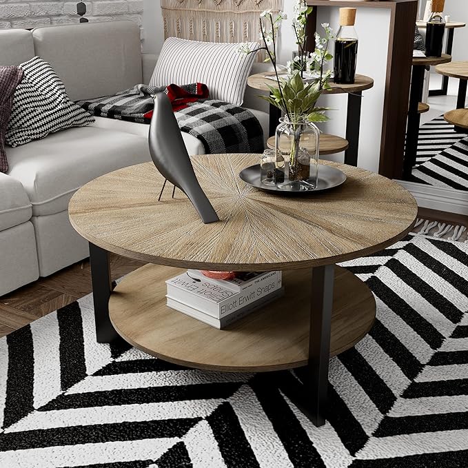 33.5" Round Coffee Table with 2-Tier Storage, Farmhouse Living Room Cocktail Table with Black Metal Leg, Solid Wood Industrial Sofa Center Table,Easy Assembly, Rustic Natural KFZ1338 - LeafyLoom