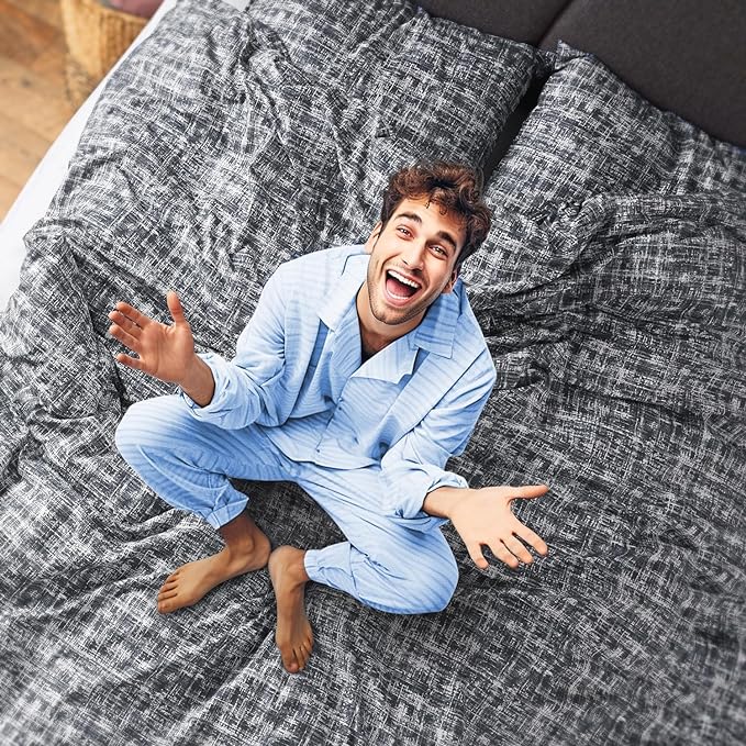 Hyde Lane Comforter King Size for Men, Grey Modern Farmhouse Aesthetic Soft Bedding Set, Masculine Plaid Lines Pattern Bed Sets for All Season, 3 Pieces includes 1 Comforter, 2 Shams (104"x 90") - LeafyLoom