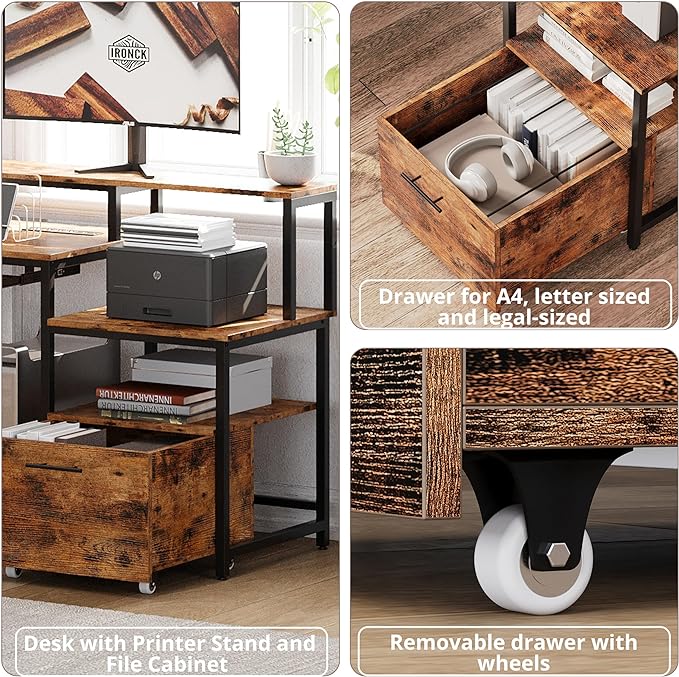 IRONCK L Shaped Computer Desk, 66" Corner Desk with Power Outlet, File Drawer, Keyboard Tray, Riser Monitor Shelf and Storage Bag, Study Writing Table Workstation for Home Office, Vintage Brown - LeafyLoom