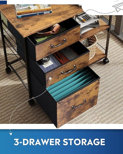 DEVAISE 3 Drawer Mobile File Cabinet, Rolling Printer Stand with Open Storage Shelf, Fabric Lateral Filing Cabinet fits A4 or Letter Size for Home Office, Rustic Brown Wood Grain Print - LeafyLoom