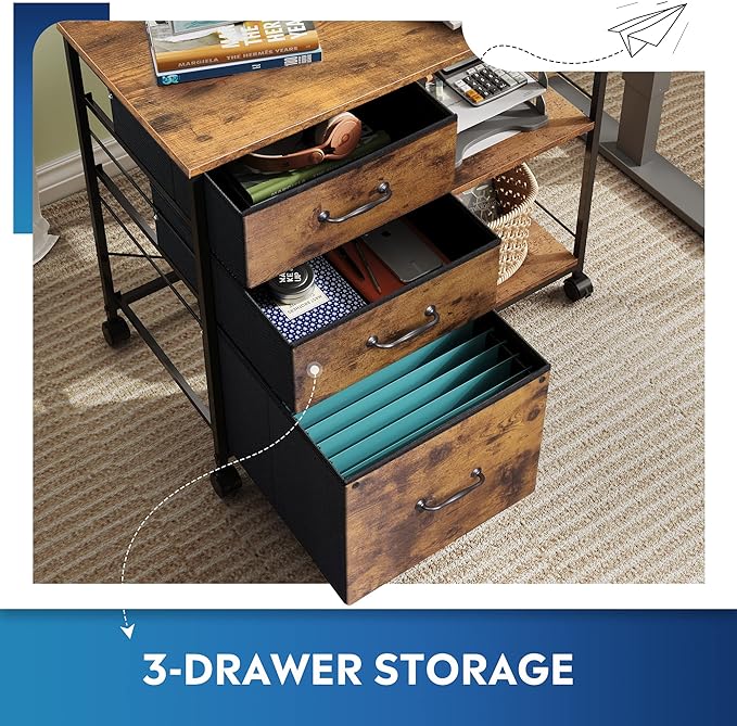 DEVAISE 3 Drawer Mobile File Cabinet, Rolling Printer Stand with Open Storage Shelf, Fabric Lateral Filing Cabinet fits A4 or Letter Size for Home Office, Rustic Brown Wood Grain Print - LeafyLoom
