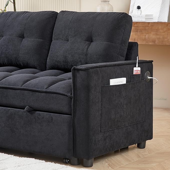Chenille Convertible Sleeper Sectional Sofa with Reversible Storage Chaise and Pull Out Couch Bed , L Shaped Corner Sofabed with USB and tape-c Charging Ports for Living Room Office Small Places - LeafyLoom