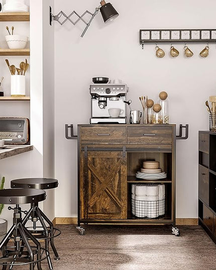 HOMCOM Industrial Kitchen Cart, Rolling Kitchen Island with Adjustable Shelf, Two Drawers, Sliding Barn Door Cabinet and Towel Rack, Rustic Brown - LeafyLoom