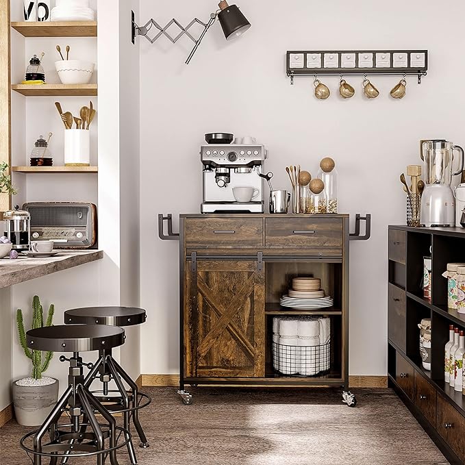 HOMCOM Industrial Kitchen Cart, Rolling Kitchen Island with Adjustable Shelf, Two Drawers, Sliding Barn Door Cabinet and Towel Rack, Rustic Brown - LeafyLoom