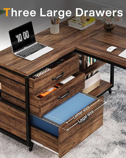 Reversible 53-inch L Shaped Desk with 3 Drawer, Farmhouse Corner Desk Gaming Table with Shelves and File Cabinet for Letter Size & Legal Size File for Home Office and Small Space - LeafyLoom