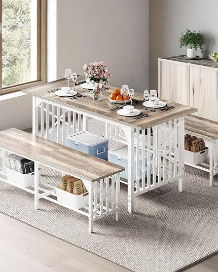 DWVO 3-Piece Dining Table Set for 4-6 People, 63" Dining Room Table with 2 Benches, Industrial Rectangular Dining Room Table Set with Storage for Kitchen, Dining Room, Washed Grey - LeafyLoom