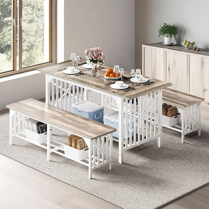 DWVO 3-Piece Dining Table Set for 4-6 People, 63" Dining Room Table with 2 Benches, Industrial Rectangular Dining Room Table Set with Storage for Kitchen, Dining Room, Washed Grey - LeafyLoom