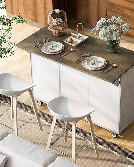 Kitchen Island with Storage, Rolling Table on Wheels w/Drop Leaf, Internal Storage Rack and Towel Rack for Dinning Room - LeafyLoom