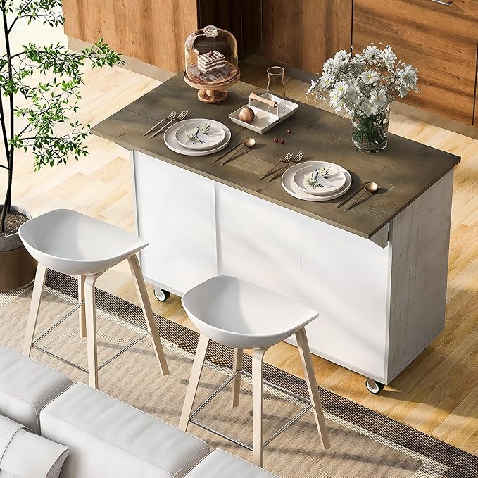 Kitchen Island with Storage, Rolling Table on Wheels w/Drop Leaf, Internal Storage Rack and Towel Rack for Dinning Room - LeafyLoom