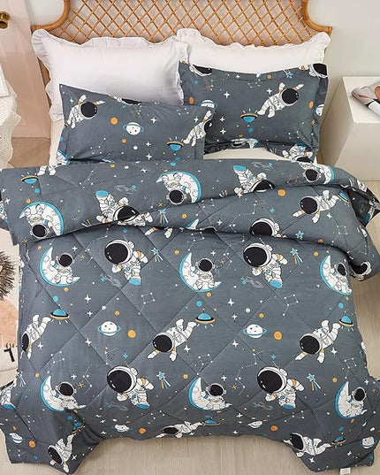 JSD Grey Astronaut Kids Comforter Set for Boys Toddler, 3 Pieces Queen Microfiber Comforter with Pillow Sham, Soft Comfortable Machine Washable - LeafyLoom