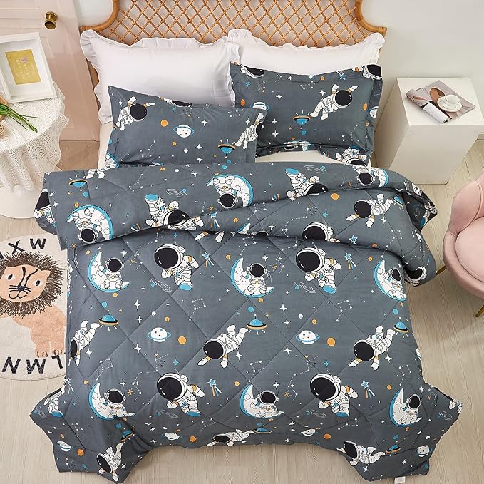 JSD Grey Astronaut Kids Comforter Set for Boys Toddler, 3 Pieces Queen Microfiber Comforter with Pillow Sham, Soft Comfortable Machine Washable - LeafyLoom