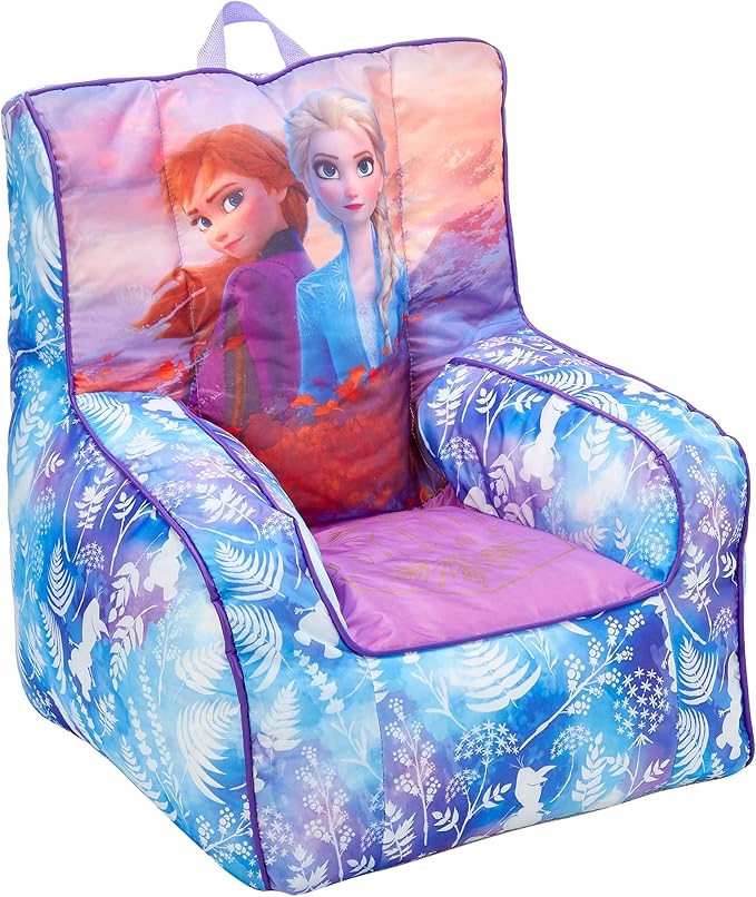 Idea Nuova Frozen 2 Kids Nylon Bean Bag Chair with Piping & Top Carry Handle with Olaf Graphics, Anna & Elsa, Purple, Large - LeafyLoom