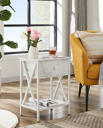 VECELO Night Stands for Bedroom Rustic Nightstand Bedside End Tables with Drawer Storage, Marble White - LeafyLoom