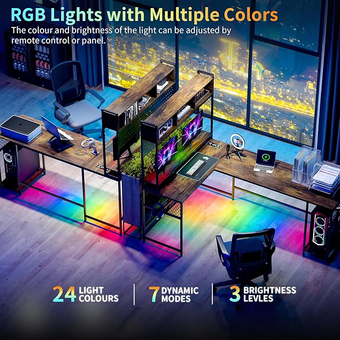 Lvifur 67” L Shaped Desk with Wireless Charging Station,24-Color RGB Dimmable Computer Desk with Pegboard,Gaming Desk with Monitor Stand, Display Stand,Human Sensor Lights for Home Office - LeafyLoom
