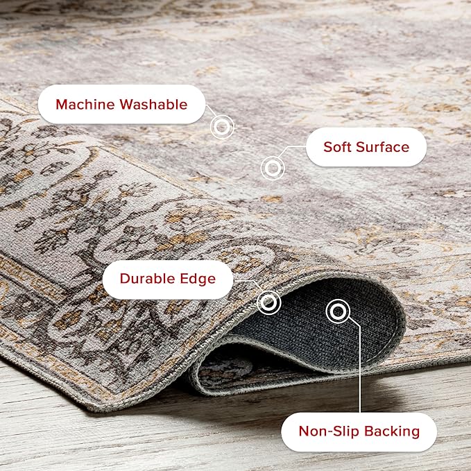 nuLOOM Ren Vintage Floral Machine Washable Ultra Thin Area Rug, 4x6, Light Grey - LeafyLoom