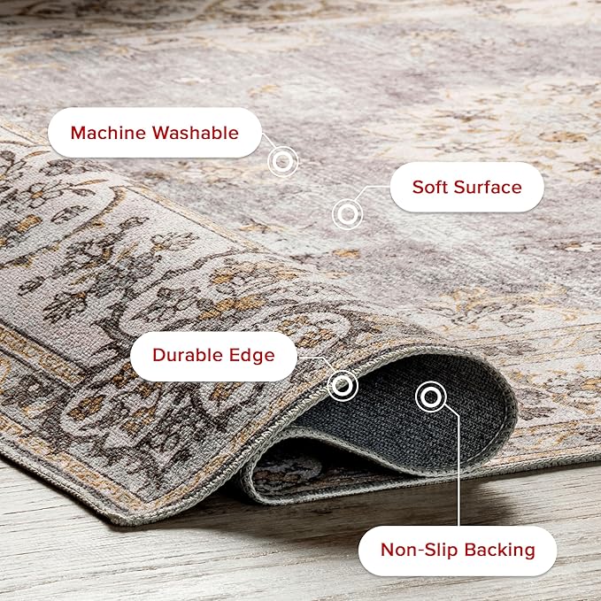 nuLOOM Ren Vintage Floral Machine Washable Ultra Thin Area Rug, 8x10, Light Grey - LeafyLoom