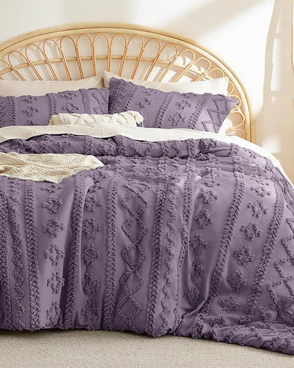 Bedsure Tufted Boho Comforter Set Full - Grayish Purple Boho Bedding Comforter Set, 3 Pieces Farmhouse Shabby Chic Embroidery Bed Set, Soft Jacquard Comforter for All Seasons - LeafyLoom